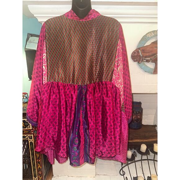KAOHINANI RECYCLED SILK PATCHWORK JACKET SMOCK SHIRT SUSTAINABLE ECO - Picture 2 of 4